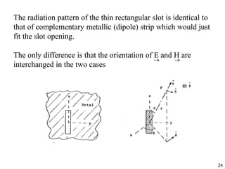 The radiation pattern of the thin rectangular slot is identical to
that of complementary metallic (dipole) strip which would just
fit the slot opening.
The only difference is that the orientation of E and H are
interchanged in the two cases
24
 