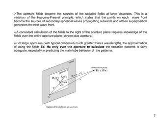 The aperture fields become the sources of the radiated fields at large distances. This is a
variation of the Huygens-Fresnel principle, which states that the points on each wave front
become the sources of secondary spherical waves propagating outwards and whose superposition
generates the next wave front.
A consistent calculation of the fields to the right of the aperture plane requires knowledge of the
fields over the entire aperture plane (screen plus aperture.)
For large apertures (with typical dimension much greater than a wavelength), the approximation
of using the fields Ea, Ha only over the aperture to calculate the radiation patterns is fairly
adequate, especially in predicting the main-lobe behavior of the patterns.
7
 