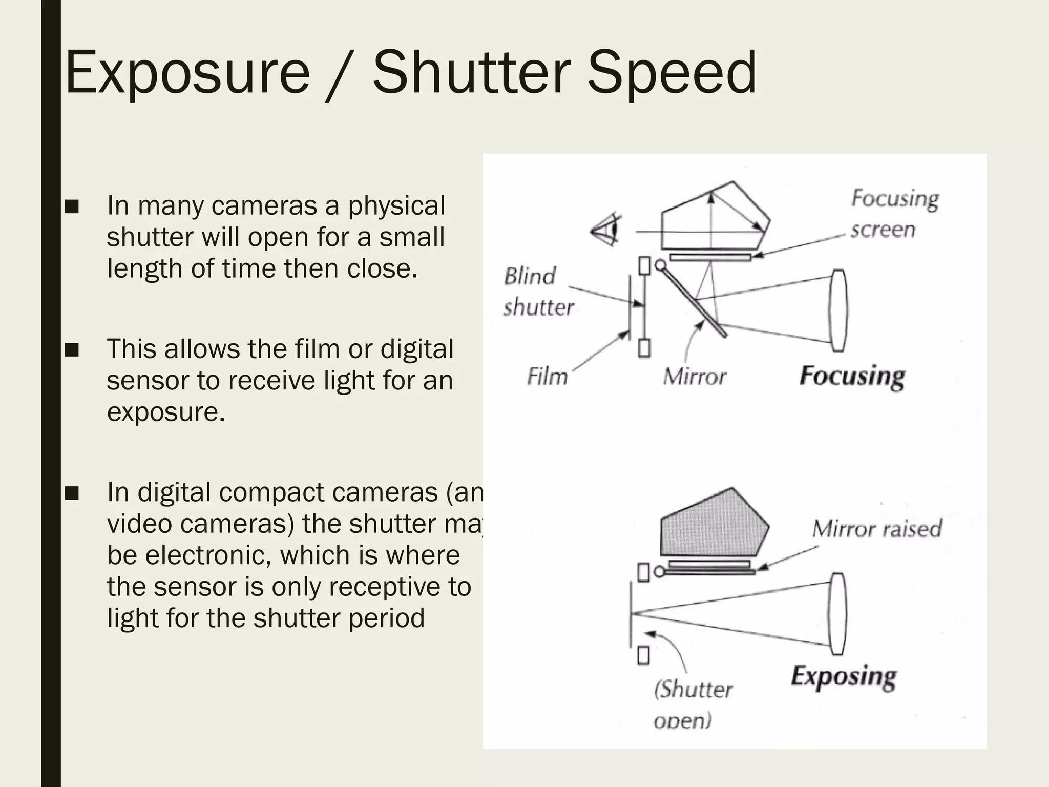 Exposure / Shutter Speed
■ In many cameras a physical
shutter will open for a small
length of time then close.
■ This allows the film or digital
sensor to receive light for an
exposure.
■ In digital compact cameras (and
video cameras) the shutter may
be electronic, which is where
the sensor is only receptive to
light for the shutter period
 