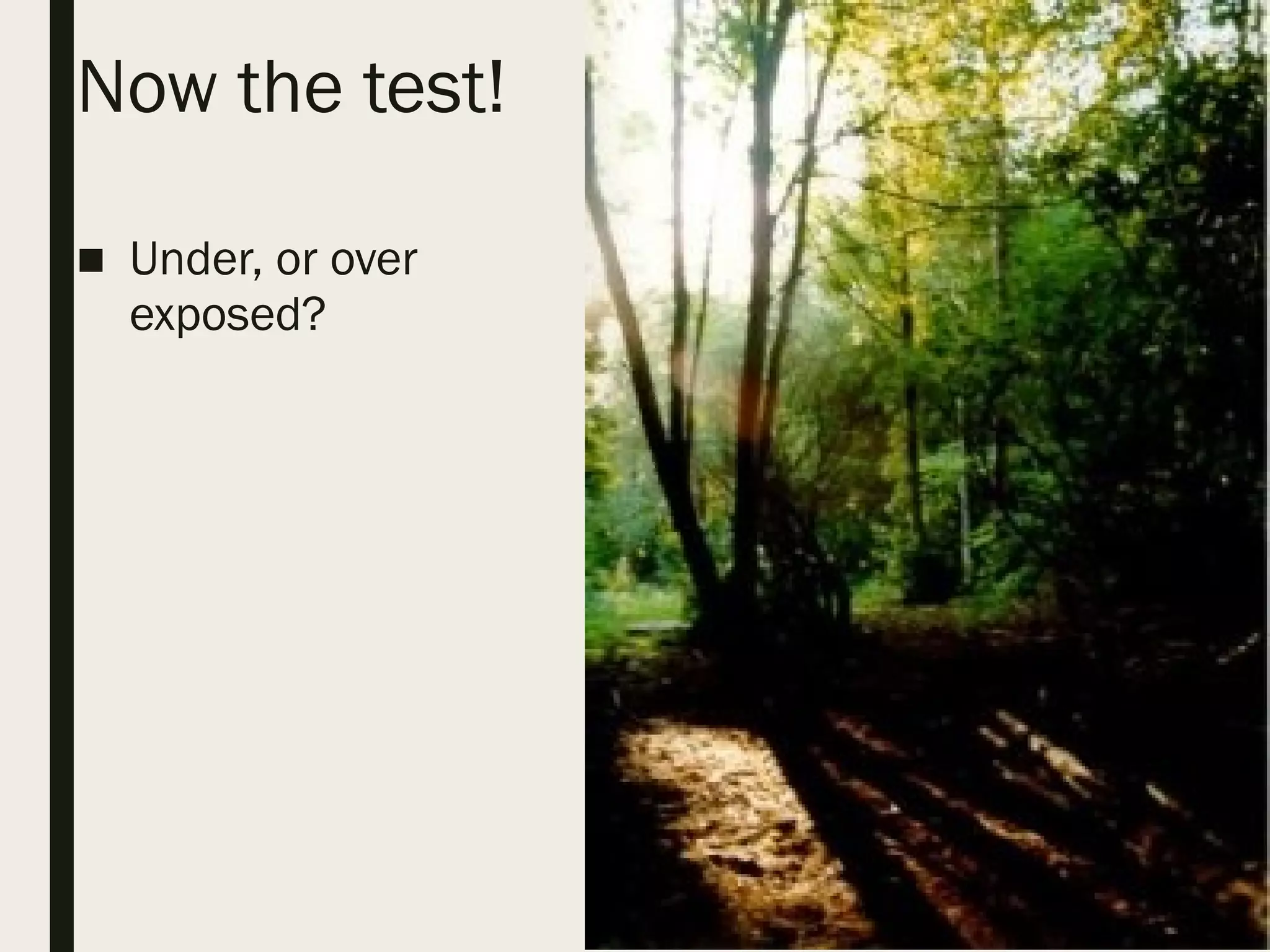 Now the test!
■ Under, or over
exposed?
 