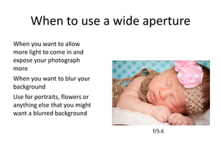 f/stop Common f/stops or aperture numbers are: 1.4, 2.8, 4, 5.6, 8, 11 , 16, 22, & 32 