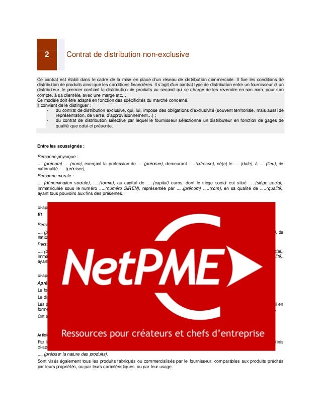 Aperçu contrat de distribution non exclusive