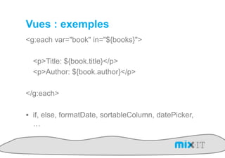 Vues : exemples
<g:each var="book" in="${books}">

  <p>Title: ${book.title}</p>
  <p>Author: ${book.author}</p>

</g:each>

!  if, else, formatDate, sortableColumn, datePicker,
  …
 