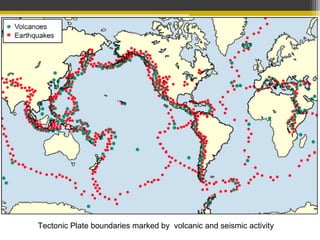Tectonic Plate boundaries marked by volcanic and seismic activity
 