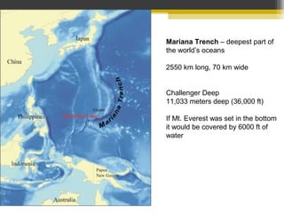 Mariana Trench – deepest part of
the world’s oceans
2550 km long, 70 km wide
Challenger Deep
11,033 meters deep (36,000 ft)
If Mt. Everest was set in the bottom
it would be covered by 6000 ft of
water
 