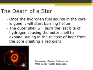 The Death of a Star
• Once the hydrogen fuel source in the core
is gone it will start burning helium.
• The outer shell will burn the last bits of
hydrogen causing the outer shell to
expand aiding in the release of heat from
the core creating a red giant
•
Supernova of a star first seen in
1987 by the Hubble Telescope
 