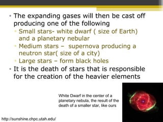 • The expanding gases will then be cast off
producing one of the following
▫ Small stars- white dwarf ( size of Earth)
and a planetary nebular
▫ Medium stars – supernova producing a
neutron star( size of a city)
▫ Large stars – form black holes
• It is the death of stars that is responsible
for the creation of the heavier elements
White Dwarf in the center of a
planetary nebula, the result of the
death of a smaller star, like ours
http://sunshine.chpc.utah.edu/
 