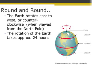 Round and Round..
• The Earth rotates east to
west, or counter-
clockwise (when viewed
from the North Pole)
• The rotation of the Earth
takes approx. 24 hours
 