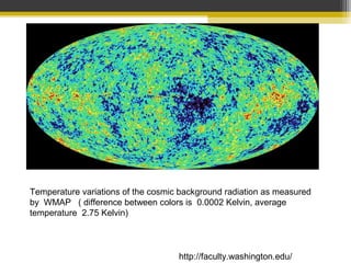 Temperature variations of the cosmic background radiation as measured
by WMAP ( difference between colors is 0.0002 Kelvin, average
temperature 2.75 Kelvin)
http://faculty.washington.edu/
 