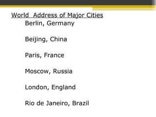 World Address of Major Cities
Berlin, Germany
Beijing, China
Paris, France
Moscow, Russia
London, England
Rio de Janeiro, Brazil
 