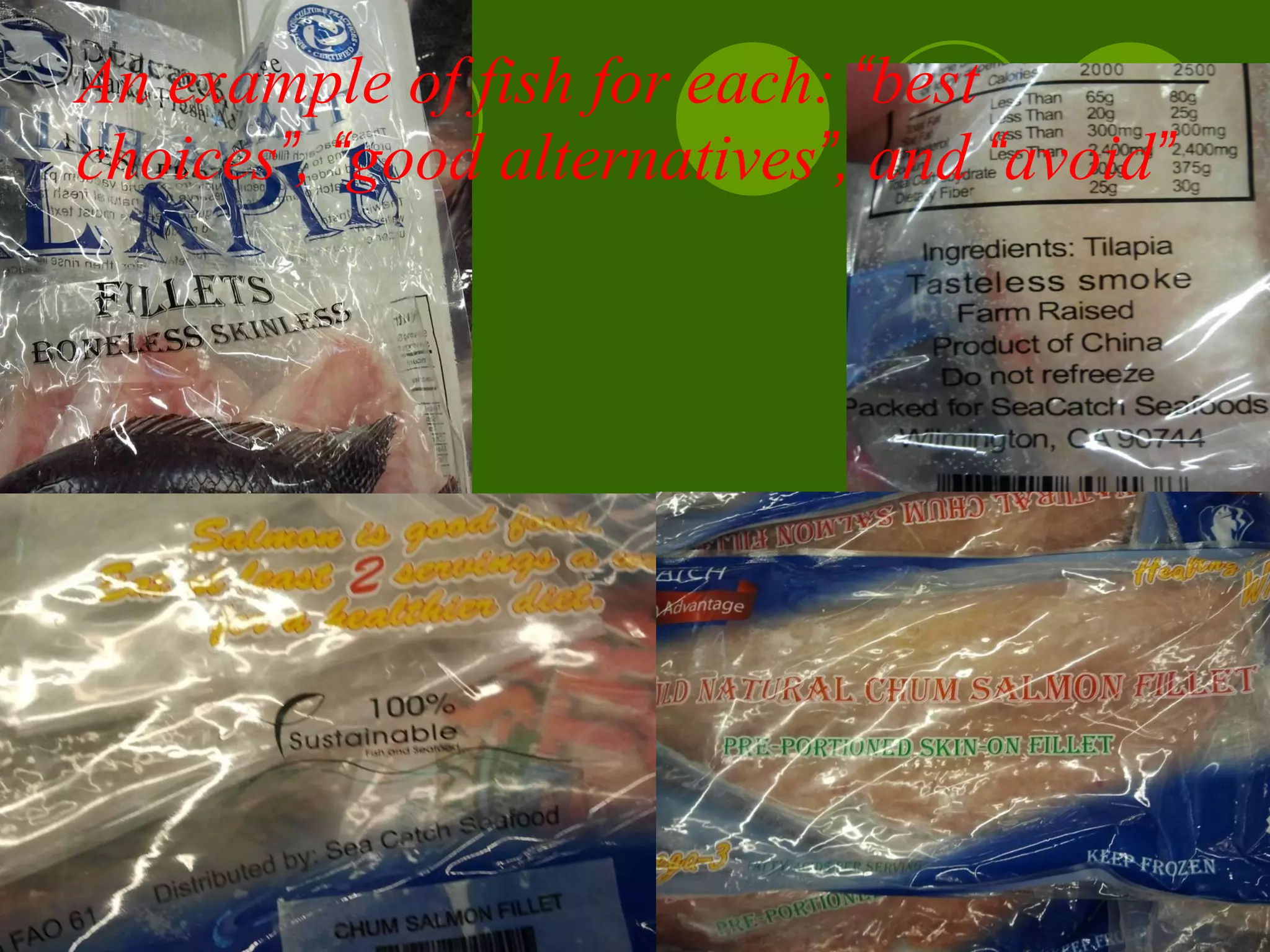 An example of fish for each:  “ best choices ” ,  “ good alternatives ” , and  “ avoid ”   