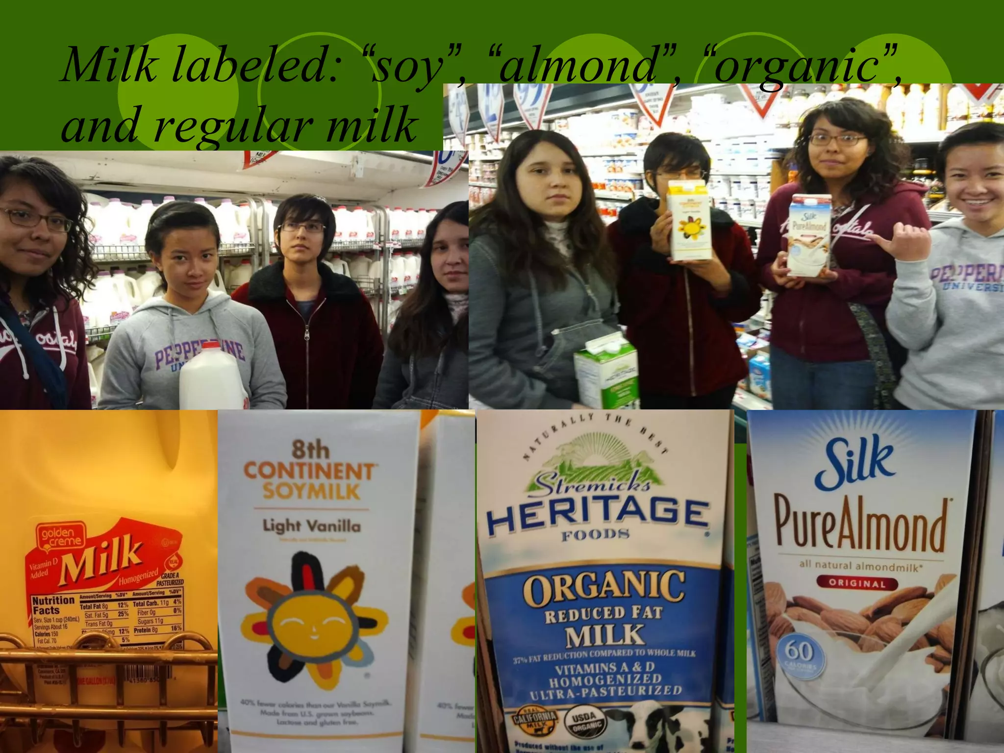 Milk labeled:  “ soy ” ,  “ almond ” ,  “ organic ” , and regular milk   