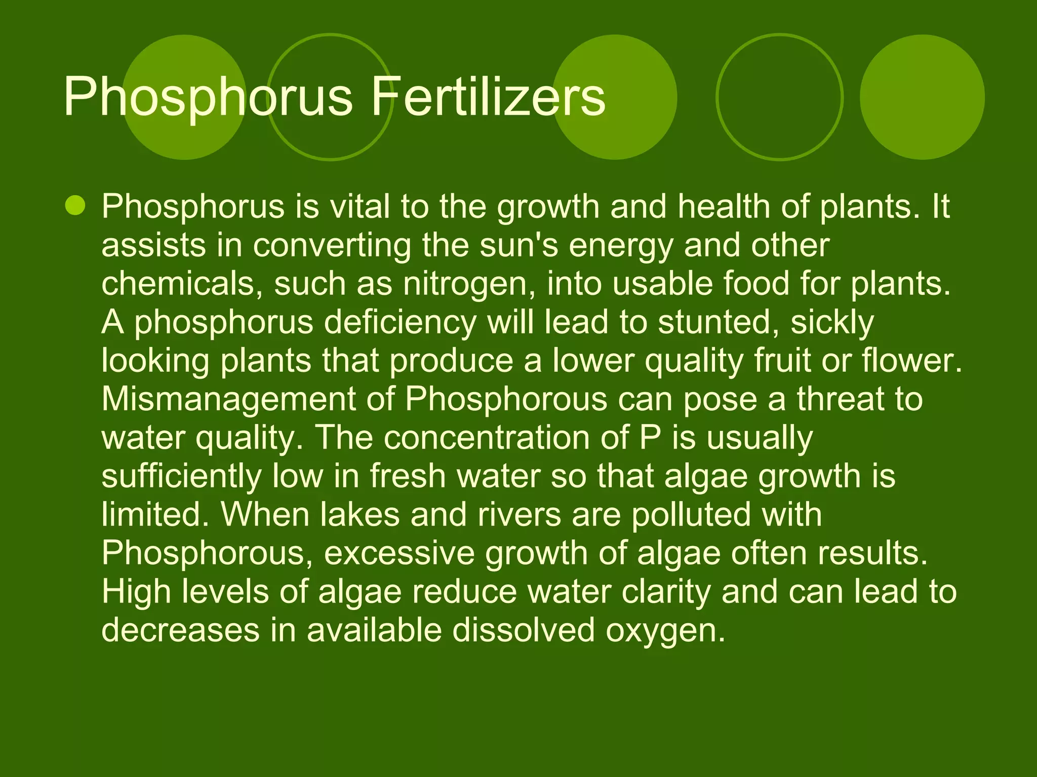 Phosphorus Fertilizers Phosphorus is vital to the growth and health of plants. It assists in converting the sun's energy and other chemicals, such as nitrogen, into usable food for plants. A phosphorus deficiency will lead to stunted, sickly looking plants that produce a lower quality fruit or flower. Mismanagement of Phosphorous can pose a threat to water quality. The concentration of P is usually sufficiently low in fresh water so that algae growth is limited. When lakes and rivers are polluted with Phosphorous, excessive growth of algae often results. High levels of algae reduce water clarity and can lead to decreases in available dissolved oxygen. 