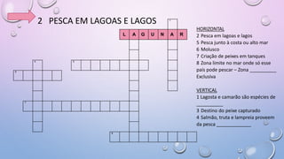 2 PESCA EM LAGOAS E LAGOS 1
L A G U N A R
4 5
6
7
8
HORIZONTAL
2 Pesca em lagoas e lagos
5 Pesca junto à costa ou alto mar
6 Molusco
7 Criação de peixes em tanques
8 Zona limite no mar onde só esse
país pode pescar – Zona __________
Exclusiva
VERTICAL
1 Lagosta e camarão são espécies de
__________
3 Destino do peixe capturado
4 Salmão, truta e lampreia proveem
da pesca _____________
 