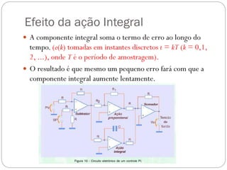 Efeito da ação Integral
 A componente integral soma o termo de erro ao longo do

tempo. (e(k) tomadas em instantes discretos t = kT (k = 0,1,
2, ...), onde T é o período de amostragem).
 O resultado é que mesmo um pequeno erro fará com que a
componente integral aumente lentamente.

 
