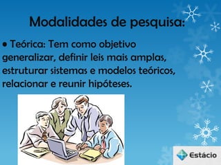 Modalidades de pesquisa:
• Teórica: Tem como objetivo
generalizar, definir leis mais amplas,
estruturar sistemas e modelos teóricos,
relacionar e reunir hipóteses.
 