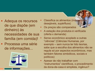  Adequa os recursos    Classifica os alimentos (indesejáveis,
                         desejáveis, supérfluos)
  de que dispõe (em     Os preços são comparados
  dinheiro) às          A estação dos produtos é verificada
  necessidades de sua    (oferta x demanda)
  família (em comida)!  Senso econômico acoplado a outras
                         “ciências” (Ciências Humanas, por
 Processa uma série     exemplo – sem nunca ter lido teorias,
  de informações...      sabe que a escolha dos alimentos não se
                         regula só por aspectos econômicos, mas
                         também fatores simbólicos, sociais e
                         políticos)
                        Apesar de não trabalhar com
                         “instrumentos” científicos, o procedimento
                         da dona-de-casa é simplista, ingênuo?
 