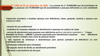 Decreto Nº 5.296 de 02 de dezembro de 2004 - Regulamenta lei nº 10.048/2000 que dá prioridades de
atendimentos a pessoas e lei 10.098/2000 que dá acessibilidade a pessoas deficientes ou com mobilidade
reduzida
Tratamento prioritário e imediato (pessoa com deficiência, idoso, gestante, lactante e pessoa com
criança no colo)
- assento de uso preferencial
- mobiliário de recepção adaptado ao atendimento à pessoas em cadeira de rodas
- serviço de atendimento para pessoas com deficiência auditiva (atendente capacitado e “Língua
Brasileira de Sinais – LIBRAS”) pessoal capacitado para atendimento à pessoas com deficiência
visual, mental e múltipla, bem como às pessoas idosas
- área especial de embarque e desembarque para pessoa portadora de deficiência ou com
mobilidade reduzida
- sinalização ambiental para orientação
- divulgação visível do direito ao atendimento prioritário
- admissão e permanência de cão guia
 