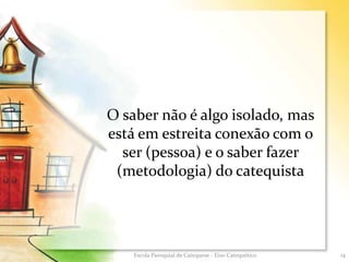O saber não é algo isolado, mas
está em estreita conexão com o
ser (pessoa) e o saber fazer
(metodologia) do catequista
14Escola Paroquial de Catequese - Eixo Catequético
 