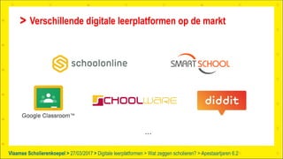 Vlaamse Scholierenkoepel > >Vlaamse Scholierenkoepel >
Verschillende digitale leerplatformen op de markt
27/03/2017 Digitale leerplatformen > Wat zeggen scholieren? > Apestaartjaren 6.2
…
 