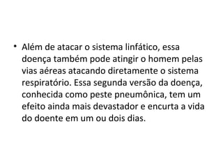• Além de atacar o sistema linfático, essa
doença também pode atingir o homem pelas
vias aéreas atacando diretamente o sistema
respiratório. Essa segunda versão da doença,
conhecida como peste pneumônica, tem um
efeito ainda mais devastador e encurta a vida
do doente em um ou dois dias.
 