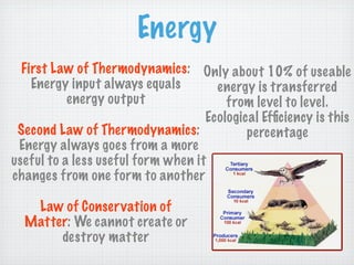 Energy
  First Law of Thermodynamics: Only about 10% of useable
    Energy input always equals        energy is transferred
           energy output                from level to level.
                                    Ecological Efﬁciency is this
 Second Law of Thermodynamics:              percentage
 Energy always goes from a more
useful to a less useful form when it
changes from one form to another

   Law of Conservation of
  Matter: We cannot create or
       destroy matter
 