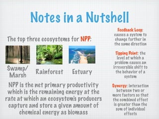 Notes in a Nutshell
                                            Feedback Loop:
                                          causes a system to
The top three ecosystems for NPP:         change further in
                                          the same direction

                                          Tipping Point: the
                                            level at which a
                                          problem causes an
Swamp/                                   irreversible shift to
           Rainforest     Estuary          the behavior of a
 Marsh                                           system

 NPP is the net primary productivity     Synergy: interaction
 which is the remaining energy at the       bet ween t wo or
                                         more factors so that
rate at which an ecosystem's producers   the combined effect
 capture and store a given amount of      is greater than the
                                            sum of individual
      chemical energy as biomass                effects
 