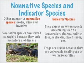 Nonnative Species and
        Indicator Species
Other names for nonnative             Indicator Species
 species: exotic, alien and
          invasive              They can show when events
                                      are coming such as
Nonnative species can spread    temperature change, habitat
 so rapidly because they lack   loss, pesticides, plant issues,
    predators and disease                     etc.

                                Frogs are unique because they
                                are vulnerable to all types of
                                      water impurities
 
