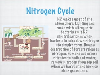 Nitrogen Cycle
             N2 makes most of the
           atmosphere. Lighting and
             rocks with nitrogen ﬁx
               bacteria emit N2.
             denitriﬁcation is when
       bacteria breaks down nitrogen
           into simpler form. Human
       destruction of forests releases
         nitrogen. Humans add excess
          nitrates to bodies of water,
        remove nitrogen from top soil
        when we harvest and burn on
                clear grasslands.
 