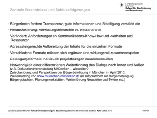 Seite 24Landeshauptstadt München Referat für Stadtplanung und Bauordnung | München MitDenken! | Dr. Andreas Peter | 24.09.2013
Zentrale Erkenntnisse und Schlussfolgerungen
• BürgerInnen fordern Transparenz, gute Informationen und Beteiligung verstärkt ein
• Herausforderung: Verwaltungshierarchie vs. Netzanarchie
• Veränderte Anforderungen an Kommunikations-Know-How und -verhalten und
Ressourcen
• Adressatengerechte Aufbereitung der Inhalte für die einzelnen Formate
• Verschiedene Formate müssen sich ergänzen und wirkungsvoll zusammenspielen
• Beteiligungsformate individuell/ projektbezogen zusammenstellen
• Notwendigkeit einer differenzierten Weiterführung des Dialogs nach Innen und Außen
(z.B. Diskussionsveranstaltung MitDenken – wie weiter?
Zwischenbilanz und Perspektiven der Bürgerbeteiligung in München im April 2013,
Weiternutzung von www.muenchen-mitdenken.de als Infoplattform zur Bürgerbeteiligung,
Bürgergutachten, Planungswerkstätten, Weiterführung Newsletter und Twitter etc.)
 