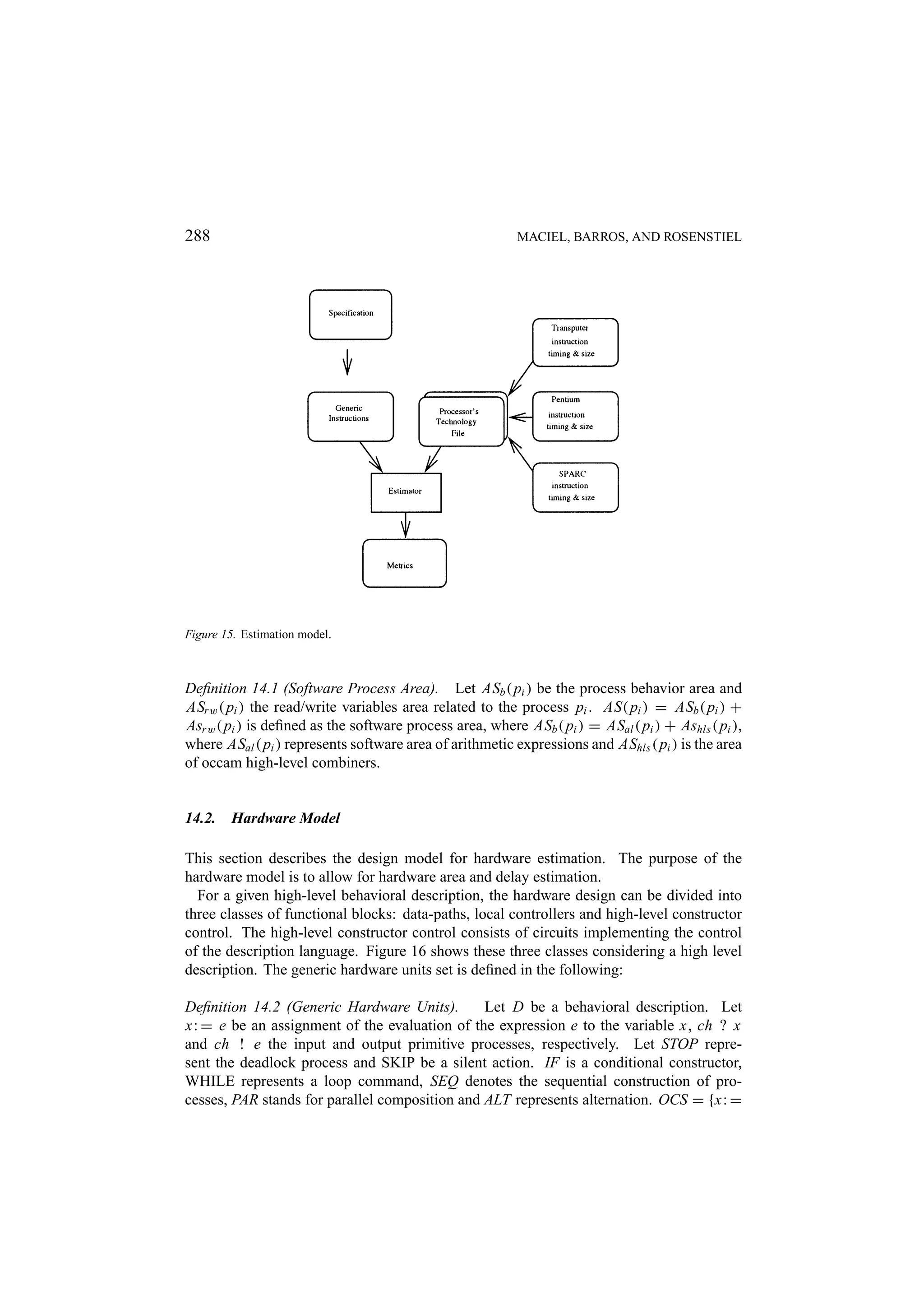288 MACIEL, BARROS, AND ROSENSTIEL Figure 15. Estimation model. Deﬁnition 14.1 (Software Process Area). Let ASb ( pi ) be the process behavior area and ASr w ( pi ) the read/write variables area related to the process pi . AS( pi ) = ASb ( pi ) + Asr w ( pi ) is deﬁned as the software process area, where ASb ( pi ) = ASal ( pi ) + Ashls ( pi ), where ASal ( pi ) represents software area of arithmetic expressions and AShls ( pi ) is the area of occam high-level combiners. 14.2. Hardware Model This section describes the design model for hardware estimation. The purpose of the hardware model is to allow for hardware area and delay estimation. For a given high-level behavioral description, the hardware design can be divided into three classes of functional blocks: data-paths, local controllers and high-level constructor control. The high-level constructor control consists of circuits implementing the control of the description language. Figure 16 shows these three classes considering a high level description. The generic hardware units set is deﬁned in the following: Deﬁnition 14.2 (Generic Hardware Units). Let D be a behavioral description. Let x: = e be an assignment of the evaluation of the expression e to the variable x, ch ? x and ch ! e the input and output primitive processes, respectively. Let STOP repre- sent the deadlock process and SKIP be a silent action. IF is a conditional constructor, WHILE represents a loop command, SEQ denotes the sequential construction of pro- cesses, PAR stands for parallel composition and ALT represents alternation. OCS = {x: = 