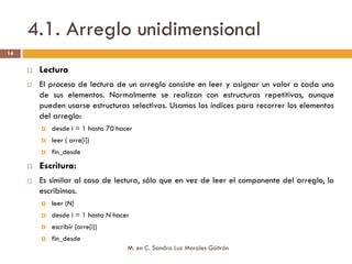 4.1. Arreglo unidimensional
14

      Lectura
      El proceso de lectura de un arreglo consiste en leer y asignar un valor a cada uno
      de sus elementos. Normalmente se realizan con estructuras repetitivas, aunque
      pueden usarse estructuras selectivas. Usamos los índices para recorrer los elementos
      del arreglo:
         desde i = 1 hasta 70 hacer
         leer ( arre[i])
         fin_desde
      Escritura:
      Es similar al caso de lectura, sólo que en vez de leer el componente del arreglo, lo
      escribimos.
         leer (N)
         desde i = 1 hasta N hacer
         escribir (arre[i])
         fin_desde
                                 M. en C. Sandra Luz Morales Güitrón
 