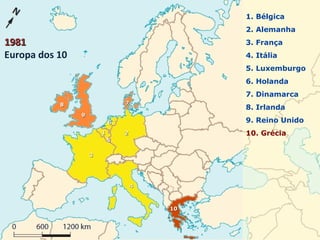 1. Bélgica
2. Alemanha
3. França
4. Itália
5. Luxemburgo
6. Holanda
7. Dinamarca
8. Irlanda
9. Reino Unido
10. Grécia
1010
19811981
Europa dos 10
88 77
99
44
33
2211
66
55
 