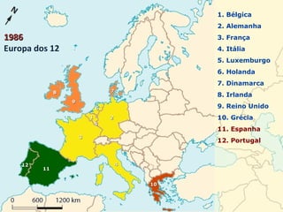 1. Bélgica
2. Alemanha
3. França
4. Itália
5. Luxemburgo
6. Holanda
7. Dinamarca
8. Irlanda
9. Reino Unido
10. Grécia
11. Espanha
12. Portugal
1111
1212
19861986
Europa dos 12
1010
88 77
99
44
33
2211
66
55
 