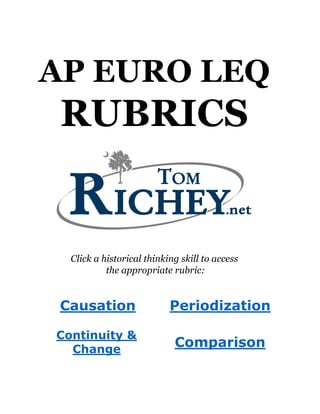 AP EURO LEQ
RUBRICS
UPDATED AUGUST 2016
Click a historical thinking skill to access
the appropriate rubric:
Causation Periodization
Continuity &
Change
Comparison
 