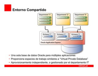 Entorno Compartido




• Una sola base de datos Oracle para múltiples aplicaciones
• Proporciona espacios de trabajo similares a “Virtual Private Database”
• Aprovisionamiento independiente, o gestionado por el departamento IT
 