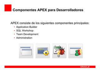 Componentes APEX para Desarrolladores


APEX consiste de los siguientes componentes principales:
  •   Application Builder
  •   SQL Workshop
  •   Team Development
  •   Administration
 