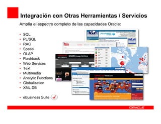 Integración con Otras Herramientas / Servicios
Amplía el espectro completo de las capacidades Oracle:

•   SQL
•   PL/SQL
•   RAC
•   Spatial
•   OLAP
•   Flashback
•   Web Services
•   Text
•   Multimedia
•   Analytic Functions
•   Globalization
•   XML DB

• eBusiness Suite
 