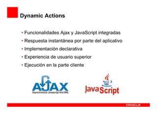 Dynamic Actions


• Funcionalidades Ajax y JavaScript integradas
• Respuesta instantánea por parte del aplicativo
• Implementación declarativa
• Experiencia de usuario superior
• Ejecución en la parte cliente
 