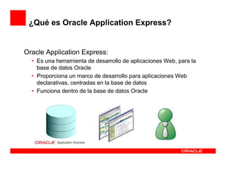 ¿Qué es Oracle Application Express?


Oracle Application Express:
  • Es una herramienta de desarrollo de aplicaciones Web, para la
    base de datos Oracle
  • Proporciona un marco de desarrollo para aplicaciones Web
    declarativas, centradas en la base de datos
  • Funciona dentro de la base de datos Oracle
 