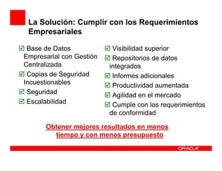 La Solución: Cumplir con los Requerimientos
 Empresariales

 Base de Datos             Visibilidad superior
Empresarial con Gestión    Repositorios de datos
Centralizada              integrados
 Copias de Seguridad       Informes adicionales
Incuestionables            Productividad aumentada
 Seguridad                 Agilidad en el mercado
 Escalabilidad             Cumple con los requerimientos
                          de conformidad

      Obtener mejores resultados en menos
        tiempo y con menos presupuesto
 
