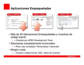 Aplicaciones Empaquetadas




• Más de 30 Aplicaciones Empaquetadas y muestras de
  código fuente
  • – Creadas por APEX Development Team
• Soluciones completamente funcionales
  • – Para: Uso inmediato / Personalizar / Aprender
• Ningún coste
  • – Incluyen código fuente, DDL, datos de muestra
 