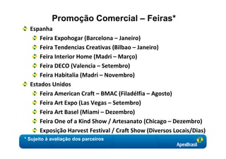 Promoção Comercial – Feiras*
  Espanha
      Feira Expohogar (Barcelona – Janeiro)
      Feira Tendencias Creativas (Bilbao – Janeiro)
      Feira Interior Home (Madri – Março)
      Feira DECO (Valencia – Setembro)
      Feira Habitalia (Madri – Novembro)
  Estados Unidos
      Feira American Craft – BMAC (Filadélfia – Agosto)
      Feira Art Expo (Las Vegas – Setembro)
      Feira Art Basel (Miami – Dezembro)
      Feira One of a Kind Show / Artesanato (Chicago – Dezembro)
      Exposição Harvest Festival / Craft Show (Diversos Locais/Dias)
* Sujeito à avaliação dos parceiros
 