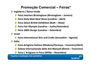 Promoção Comercial – Feiras*
    Inglaterra / Reino Unido
         Feira Interiors Birmingham (Birmingham – Janeiro)
         Feira Daily Mail Ideal Show (Londres – Abril)
         Feira Select British Exhibition (Bath – Maio)
         Feira Fair Olympia (Londres – Junho/Setembro)
         Feira 100% Design (Londres – Setembro)
    Israel
         Feira International Arts and Crafts (Jerusalém – Agosto)
    Itália
         Feira Artigiana Italiana (Modena/Florença – Fevereiro/Abril)
         Salone Internazionale delle Arti Manuali (Rimini – Fevereiro)
         Feira L´Artigiano in Fiera (Milão – Dezembro)
* Sujeito à avaliação dos parceiros
 