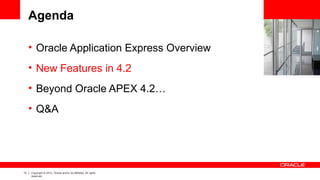 13 Copyright © 2012, Oracle and/or its affiliates. All rights
reserved.
Agenda
• Oracle Application Express Overview
• New Features in 4.2
• Beyond Oracle APEX 4.2…
• Q&A
 