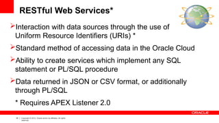 30 Copyright © 2012, Oracle and/or its affiliates. All rights
reserved.
RESTful Web Services*
Interaction with data sources through the use of
Uniform Resource Identifiers (URIs) *
Standard method of accessing data in the Oracle Cloud
Ability to create services which implement any SQL
statement or PL/SQL procedure
Data returned in JSON or CSV format, or additionally
through PL/SQL
* Requires APEX Listener 2.0
 