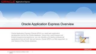 5 Copyright © 2012, Oracle and/or its affiliates. All rights
reserved.
5
Oracle Application Express Overview
Oracle Application Express (Oracle APEX) is a rapid web application
development tool for the Oracle database. Using only a web browser and
limited programming experience, you can develop and deploy professional
applications that are both fast and secure. Oracle APEX is a fully supported, no
cost feature of the Oracle database.
 