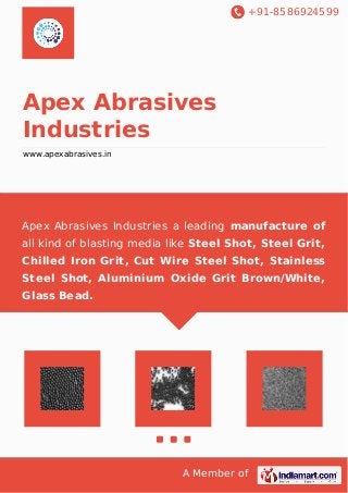 +91-8586924599
A Member of
Apex Abrasives
Industries
www.apexabrasives.in
Apex Abrasives Industries a leading manufacture of
all kind of blasting media like Steel Shot, Steel Grit,
Chilled Iron Grit, Cut Wire Steel Shot, Stainless
Steel Shot, Aluminium Oxide Grit Brown/White,
Glass Bead.
 