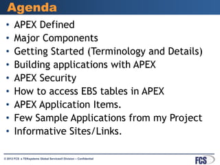 •     APEX Defined
 •     Major Components
 •     Getting Started (Terminology and Details)
 •     Building applications with APEX
 •     APEX Security
 •     How to access EBS tables in APEX
 •     APEX Application Items.
 •     Few Sample Applications from my Project
 •     Informative Sites/Links.

© 2012 FCS a TEKsystems Global Services® Division – Confidential
 