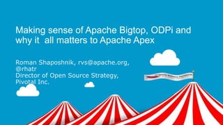 Making sense of Apache Bigtop, ODPi and
why it all matters to Apache Apex
Roman Shaposhnik, rvs@apache.org,
@rhatr
Director of Open Source Strategy,
Pivotal Inc.
 